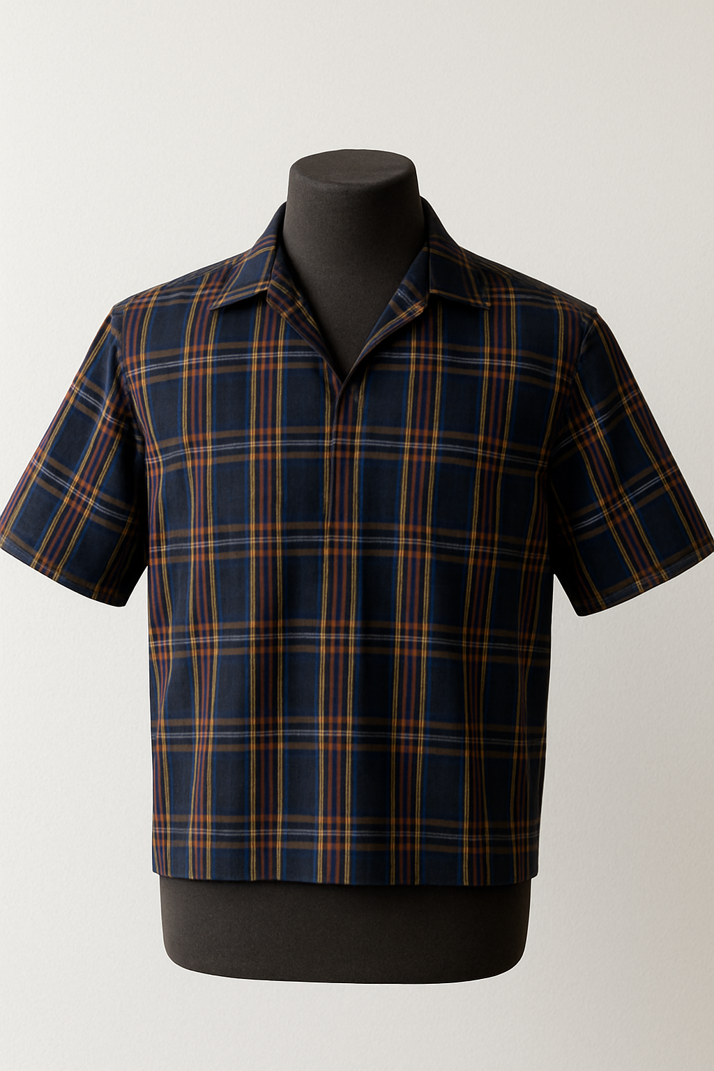 Men’s Short Sleeve Plaid Shirt – Notched Camp Collar, Navy Checkered Casual Top