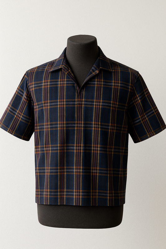 Men’s Short Sleeve Plaid Shirt – Notched Camp Collar, Navy Checkered Casual Top